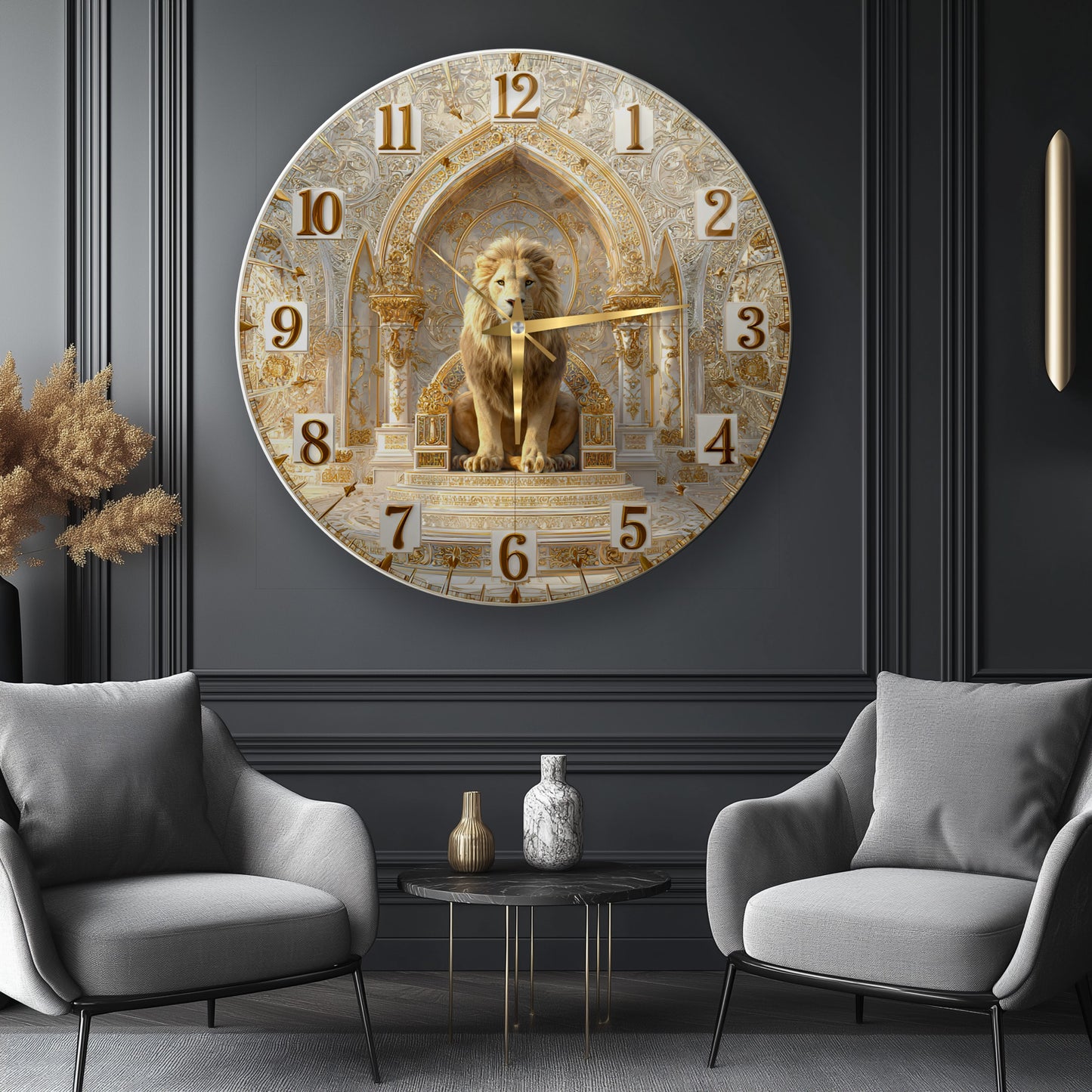 Gold Detay Aslan Cam Duvar Saati