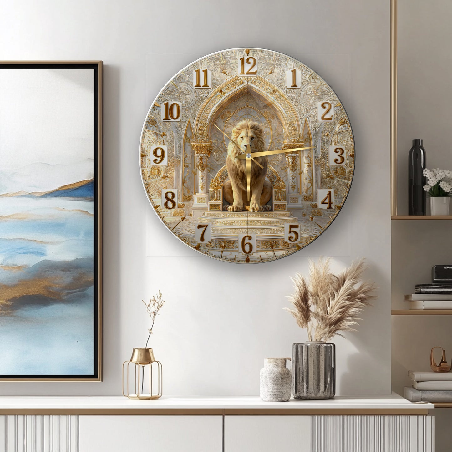 Gold Detay Aslan Cam Duvar Saati
