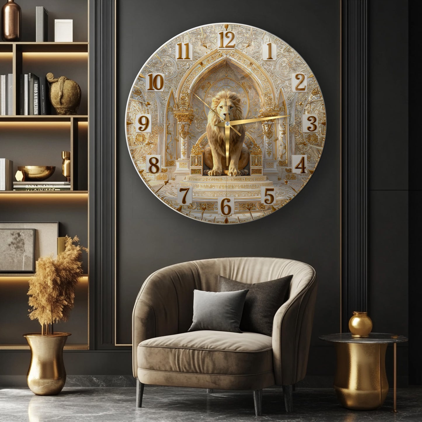 Gold Detay Aslan Cam Duvar Saati