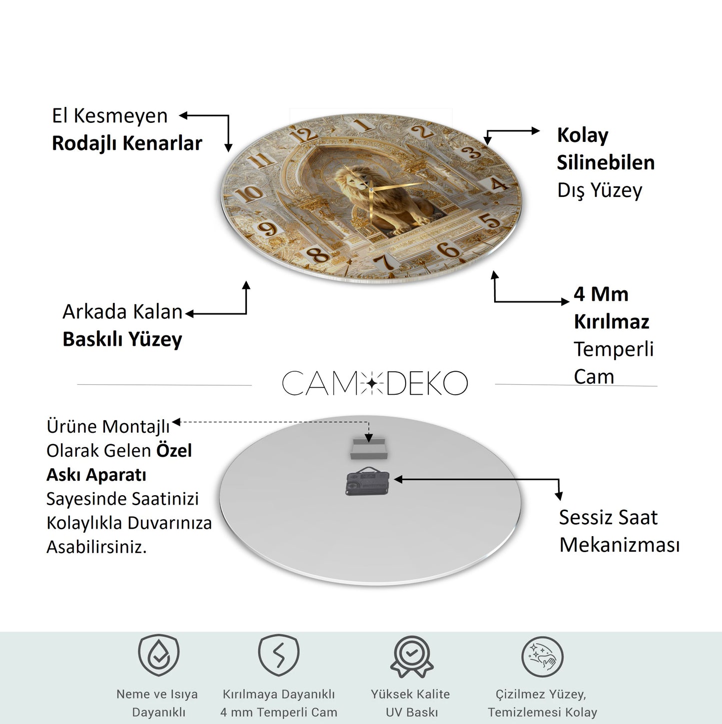 Gold Detay Aslan Cam Duvar Saati