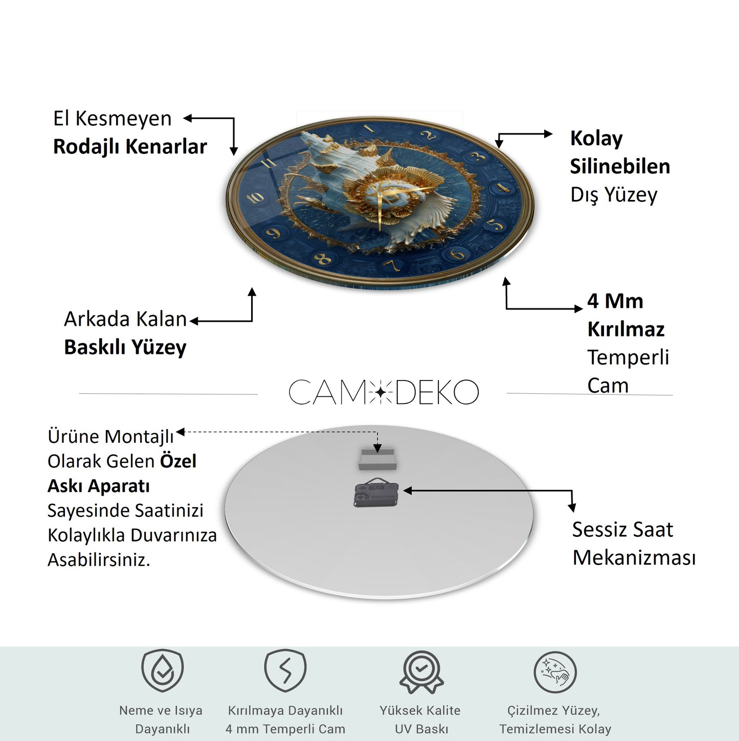 Gold Deniz Kabuğu Cam Duvar Saati