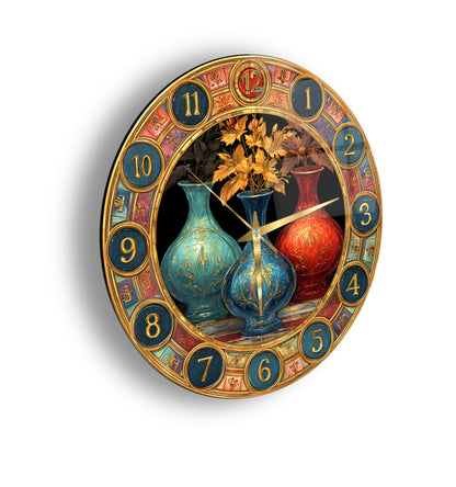 Renkli Saksılar Cam Duvar Saati