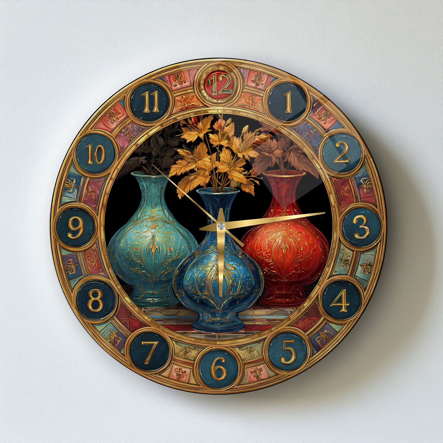 Renkli Saksılar Cam Duvar Saati