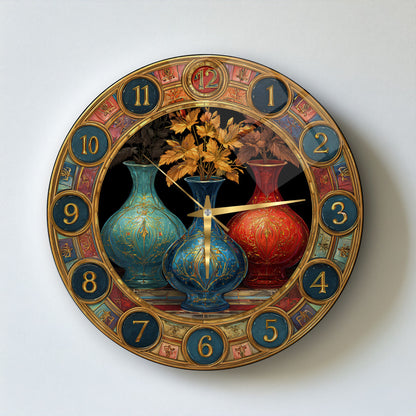 Renkli Saksılar Cam Duvar Saati