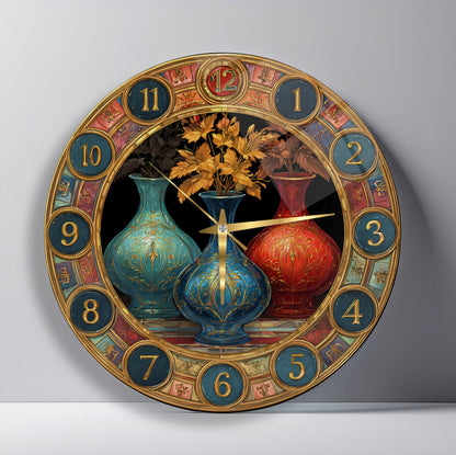 Renkli Saksılar Cam Duvar Saati