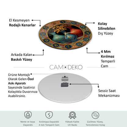 Renkli Saksılar Cam Duvar Saati