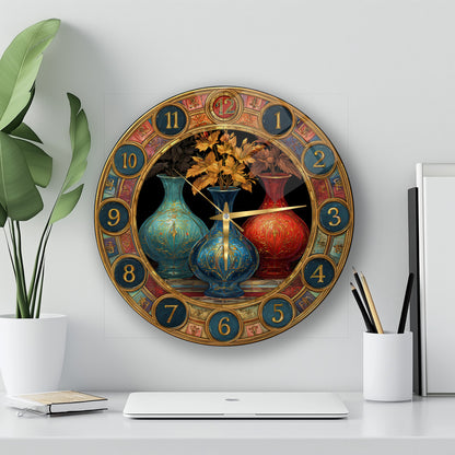 Renkli Saksılar Cam Duvar Saati