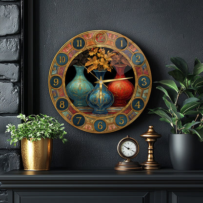 Renkli Saksılar Cam Duvar Saati