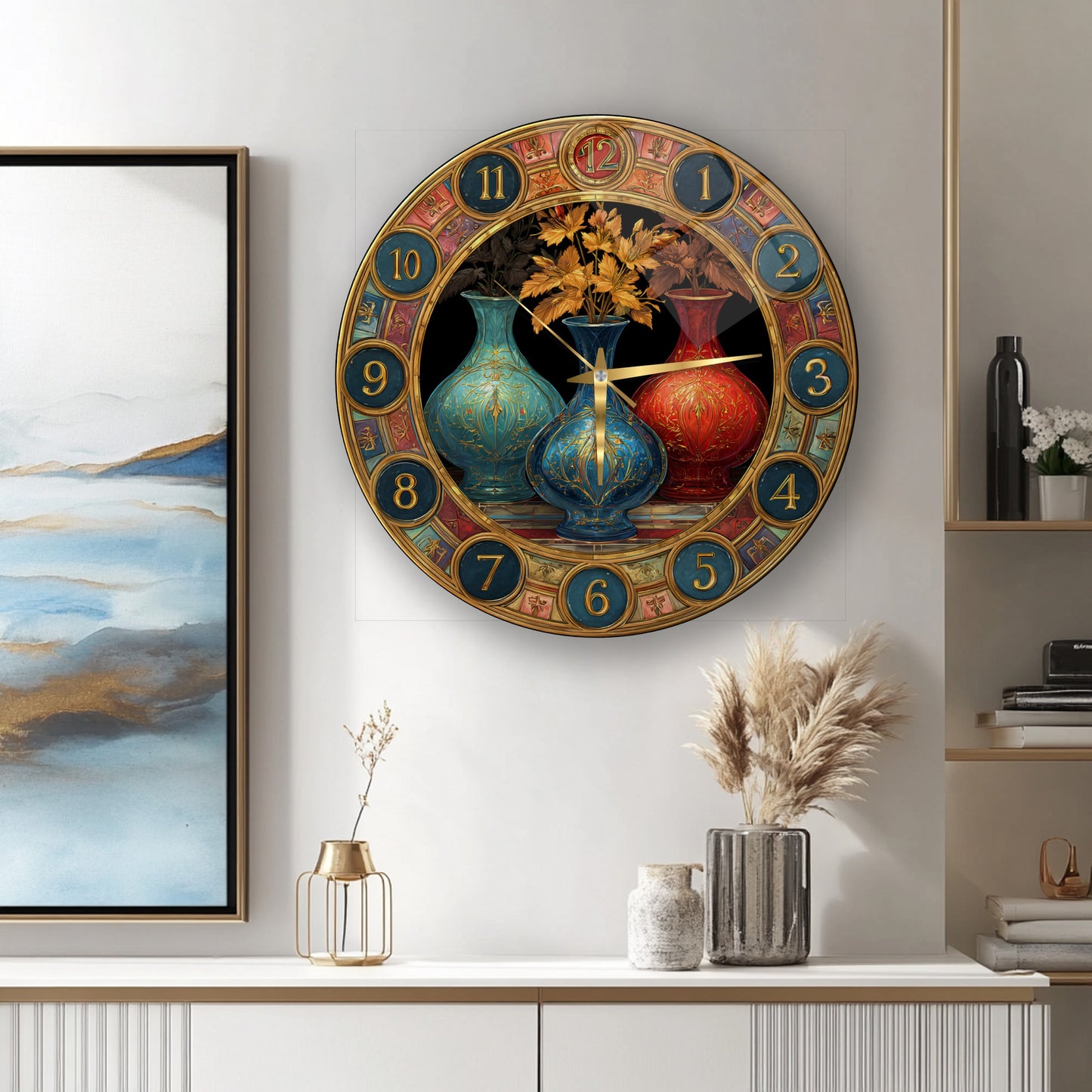 Renkli Saksılar Cam Duvar Saati