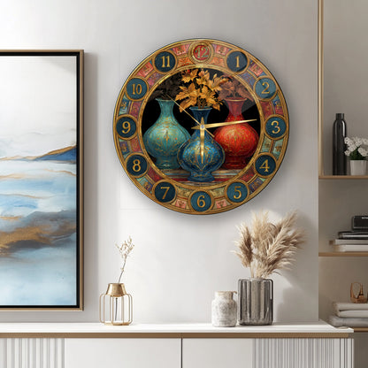 Renkli Saksılar Cam Duvar Saati