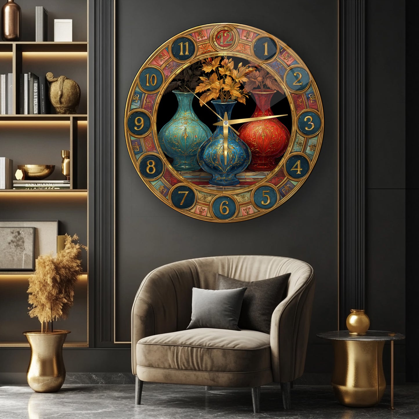 Renkli Saksılar Cam Duvar Saati