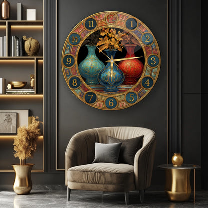 Renkli Saksılar Cam Duvar Saati