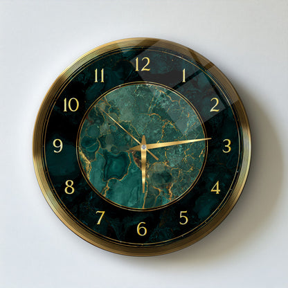 Yeşil Gold Mermer Desen Cam Duvar Saati