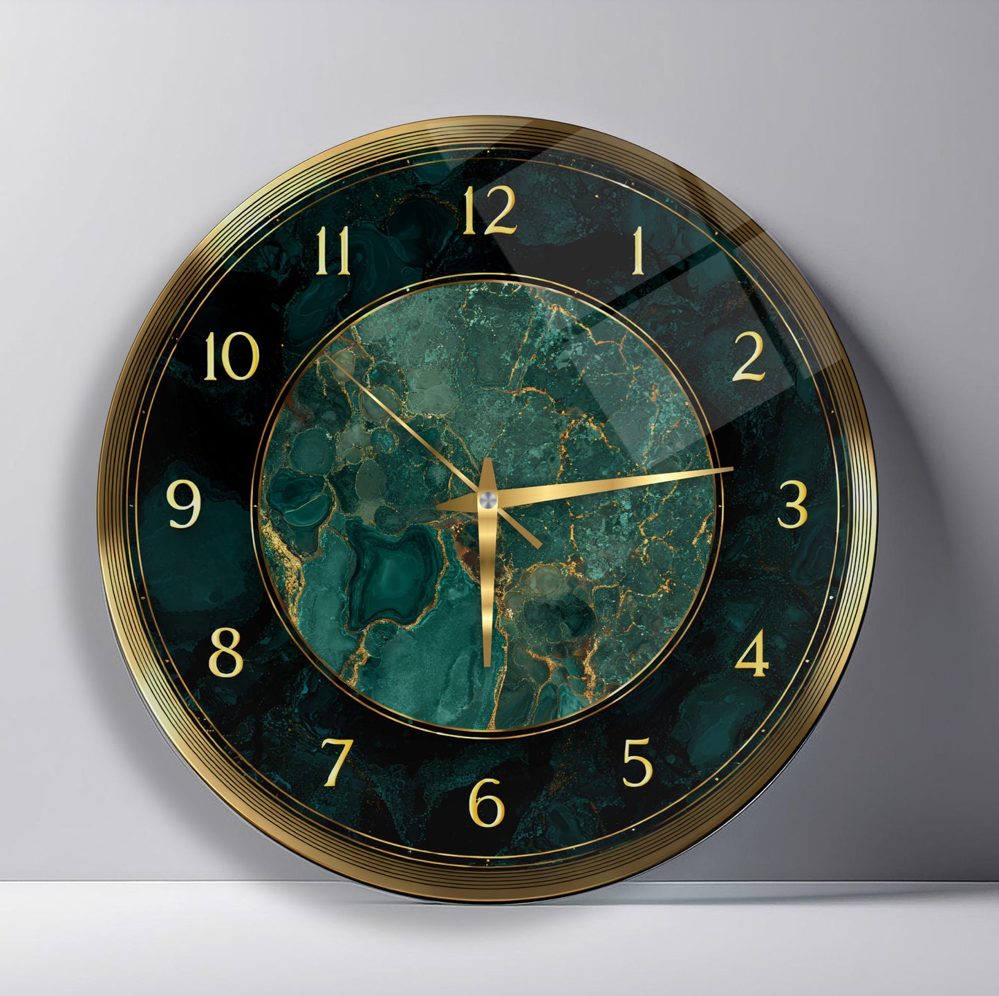 Yeşil Gold Mermer Desen Cam Duvar Saati
