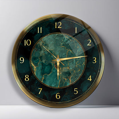 Yeşil Gold Mermer Desen Cam Duvar Saati