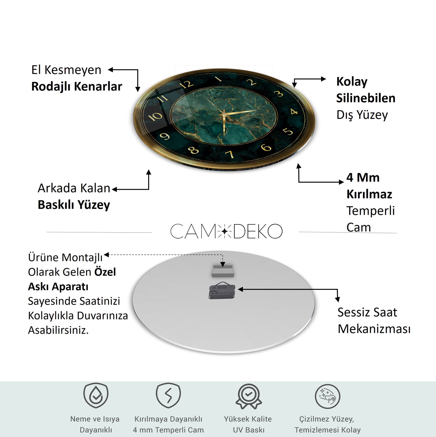 Yeşil Gold Mermer Desen Cam Duvar Saati
