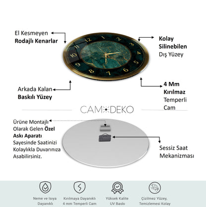 Yeşil Gold Mermer Desen Cam Duvar Saati
