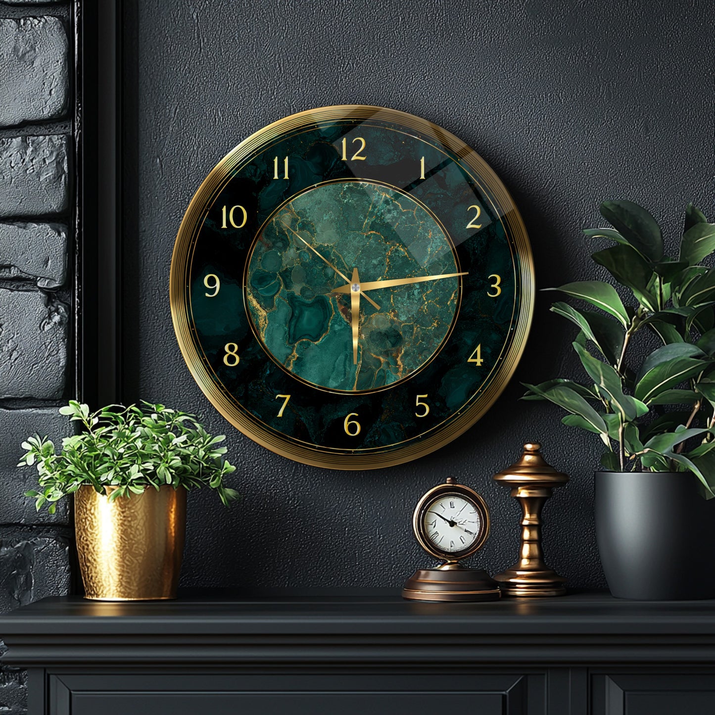 Yeşil Gold Mermer Desen Cam Duvar Saati