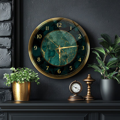 Yeşil Gold Mermer Desen Cam Duvar Saati