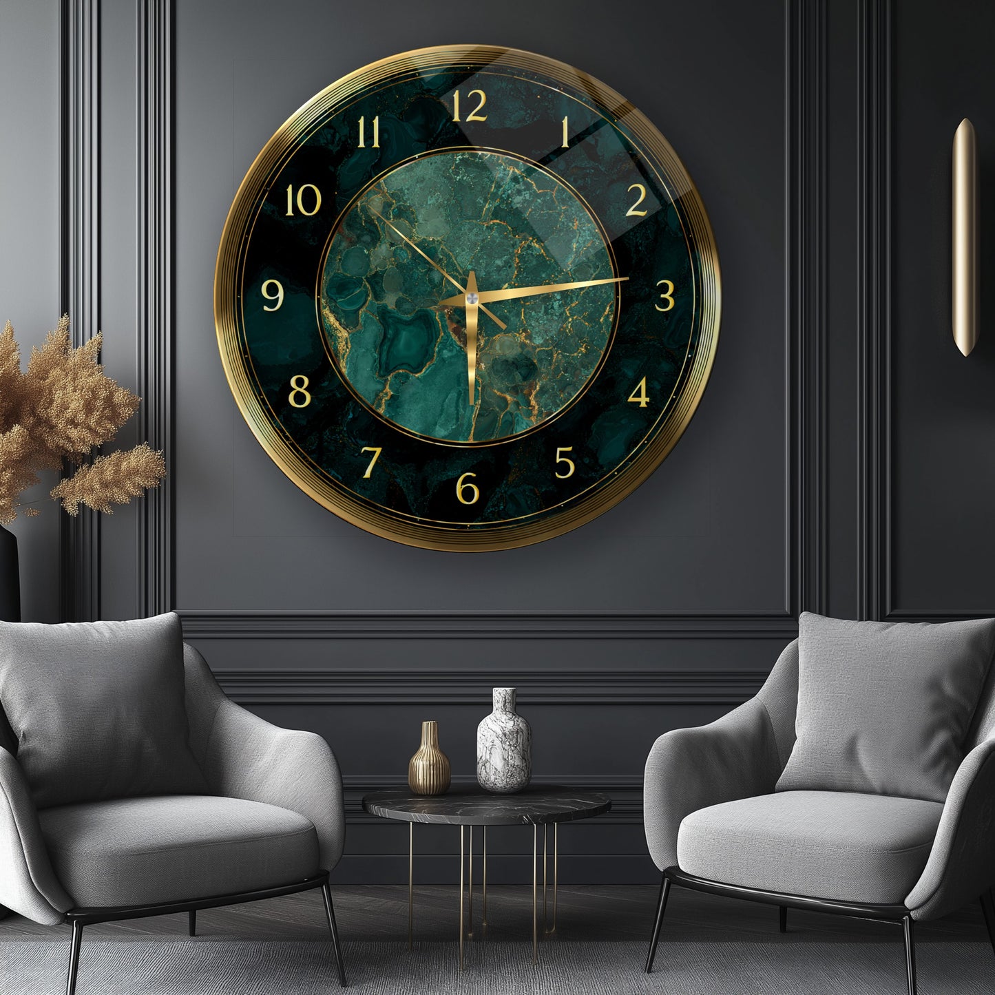 Yeşil Gold Mermer Desen Cam Duvar Saati