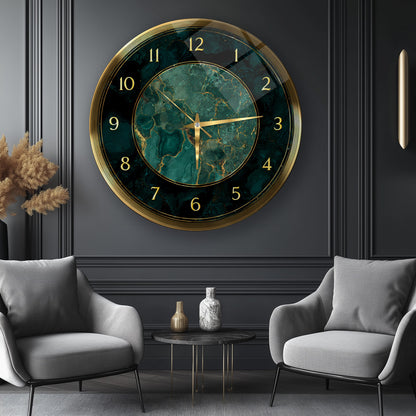 Yeşil Gold Mermer Desen Cam Duvar Saati