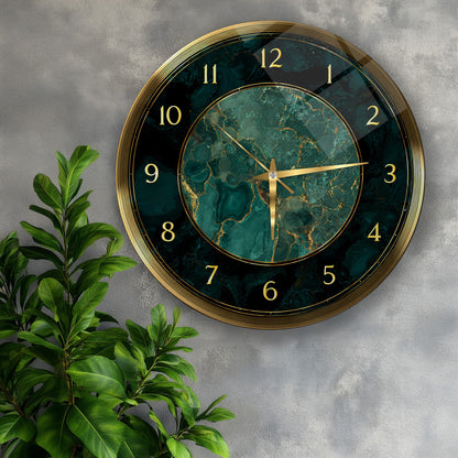 Yeşil Gold Mermer Desen Cam Duvar Saati