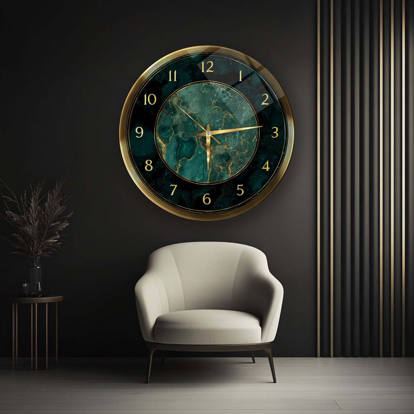 Yeşil Gold Mermer Desen Cam Duvar Saati