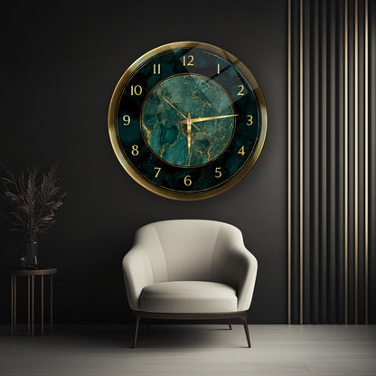 Yeşil Gold Mermer Desen Cam Duvar Saati