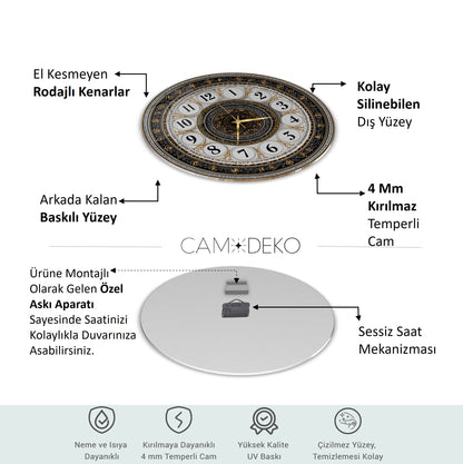 Klasik Gold Detaylı Cam Duvar Saati