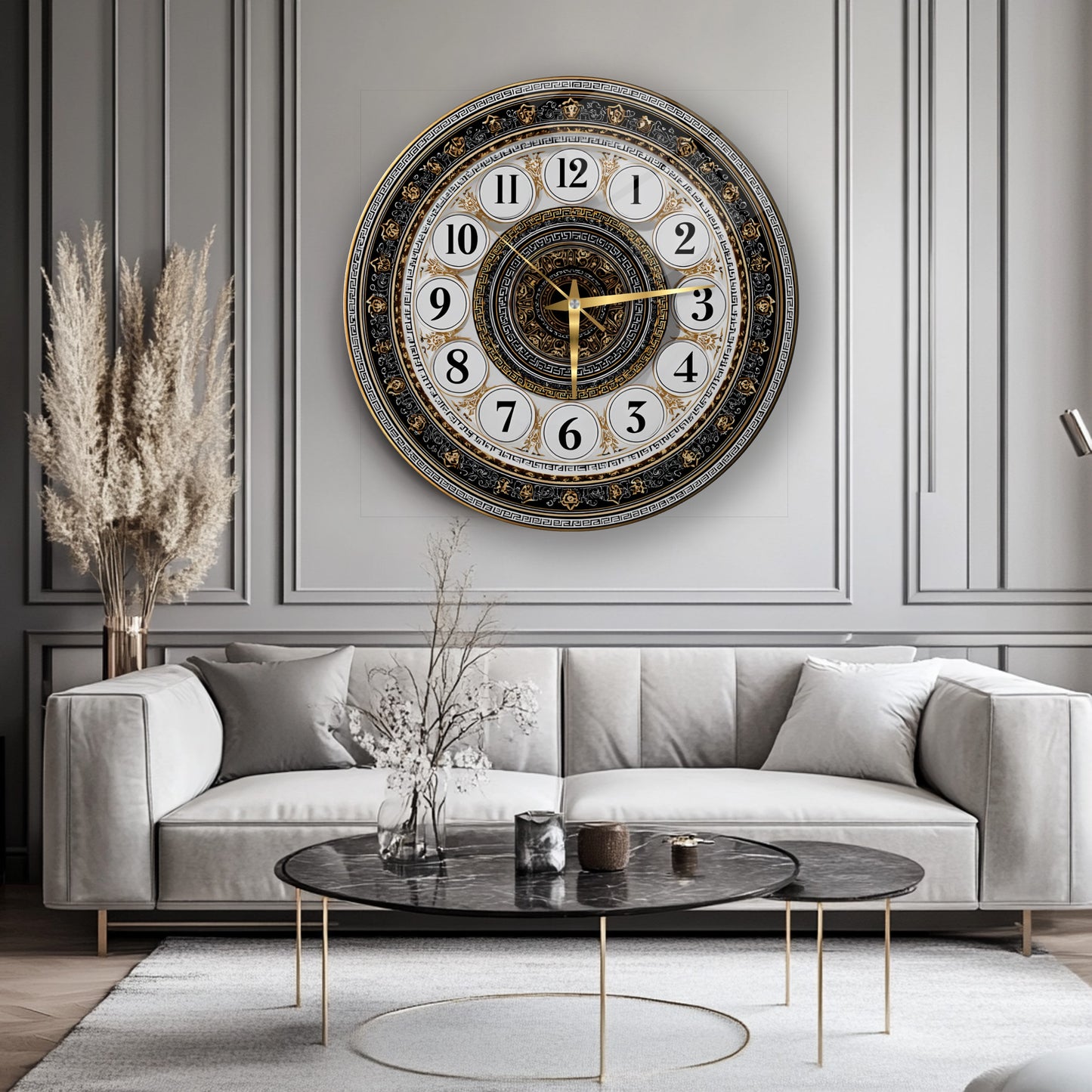 Klasik Gold Detaylı Cam Duvar Saati