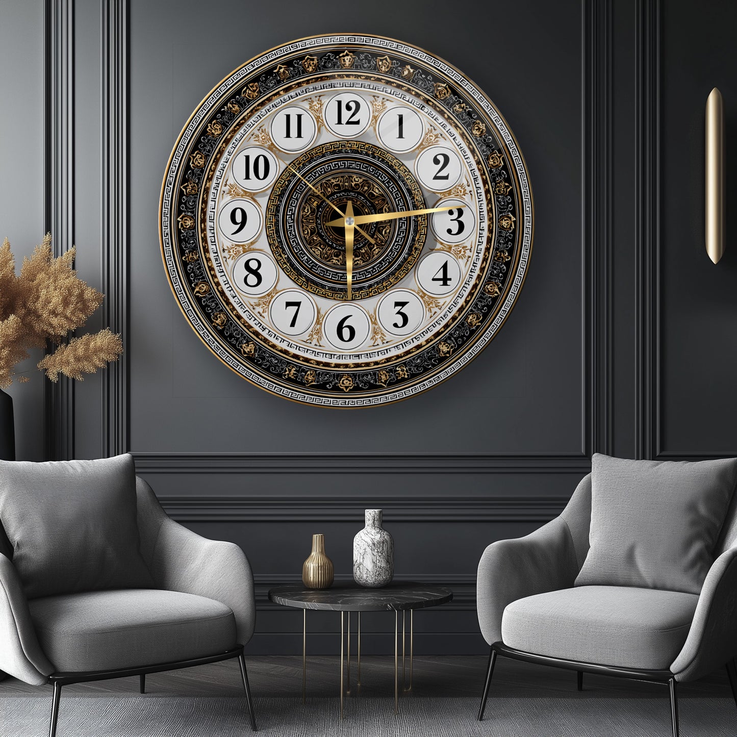 Klasik Gold Detaylı Cam Duvar Saati