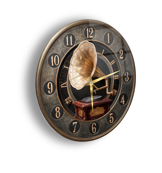 Nostaljik Gramafon Cam Duvar Saati