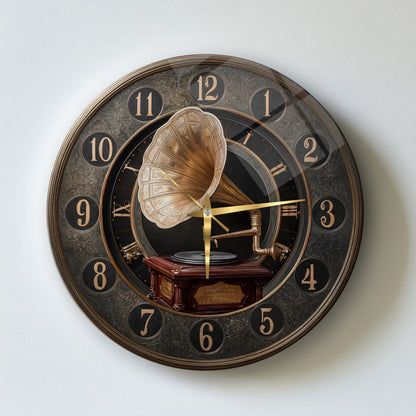 Nostaljik Gramafon Cam Duvar Saati