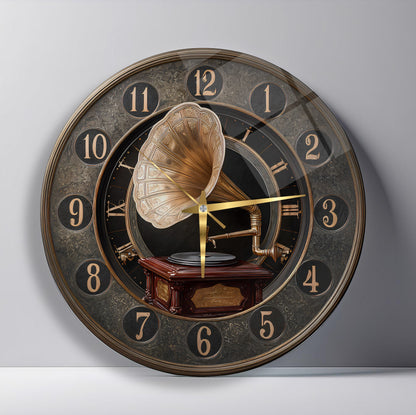 Nostaljik Gramafon Cam Duvar Saati