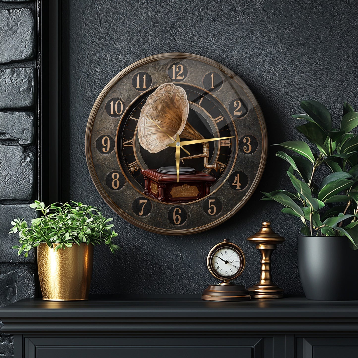 Nostaljik Gramafon Cam Duvar Saati