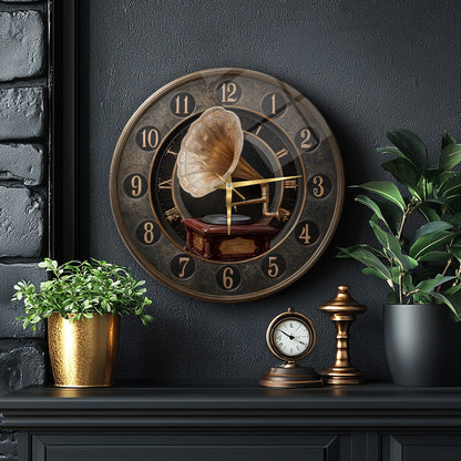 Nostaljik Gramafon Cam Duvar Saati