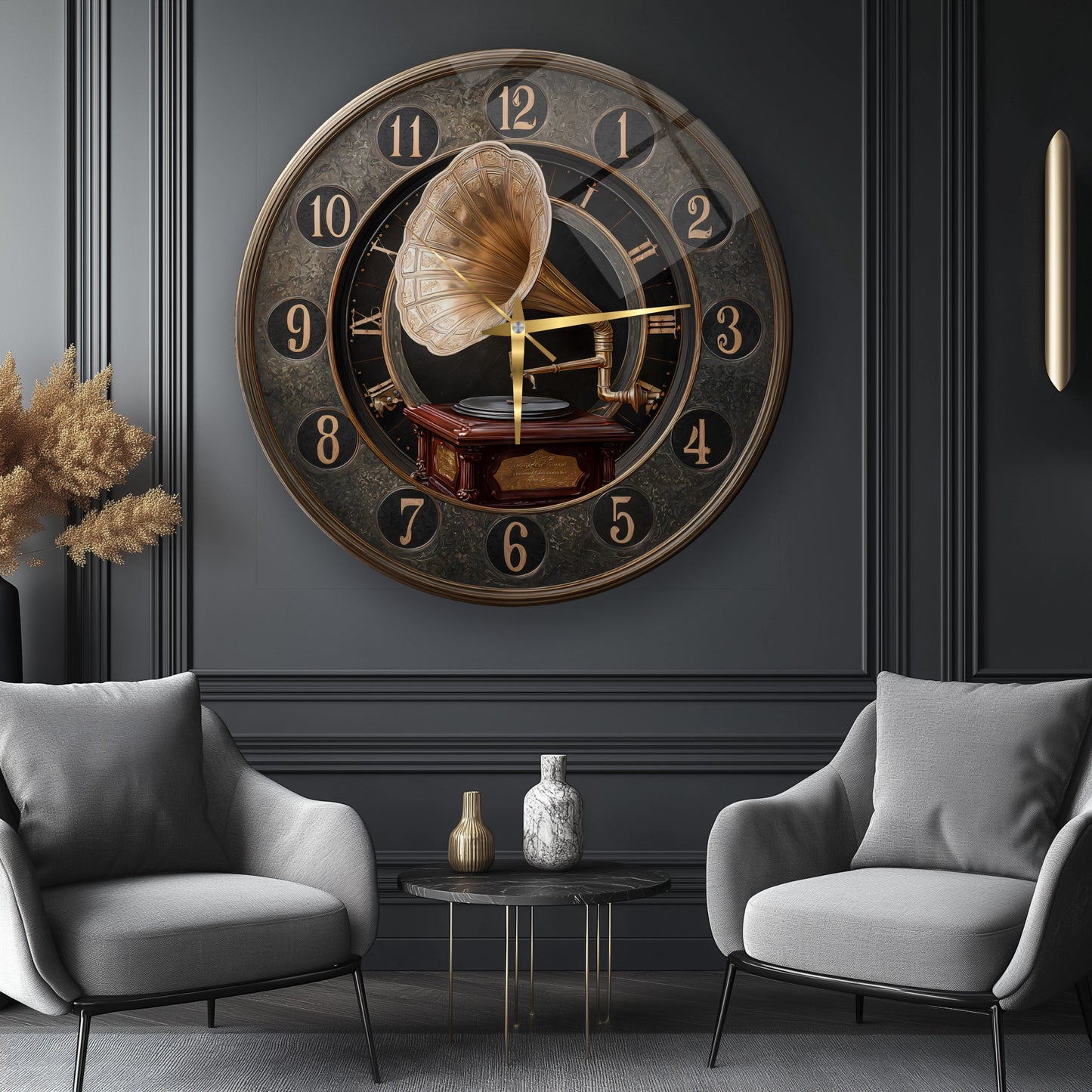 Nostaljik Gramafon Cam Duvar Saati