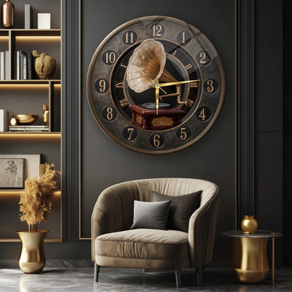 Nostaljik Gramafon Cam Duvar Saati