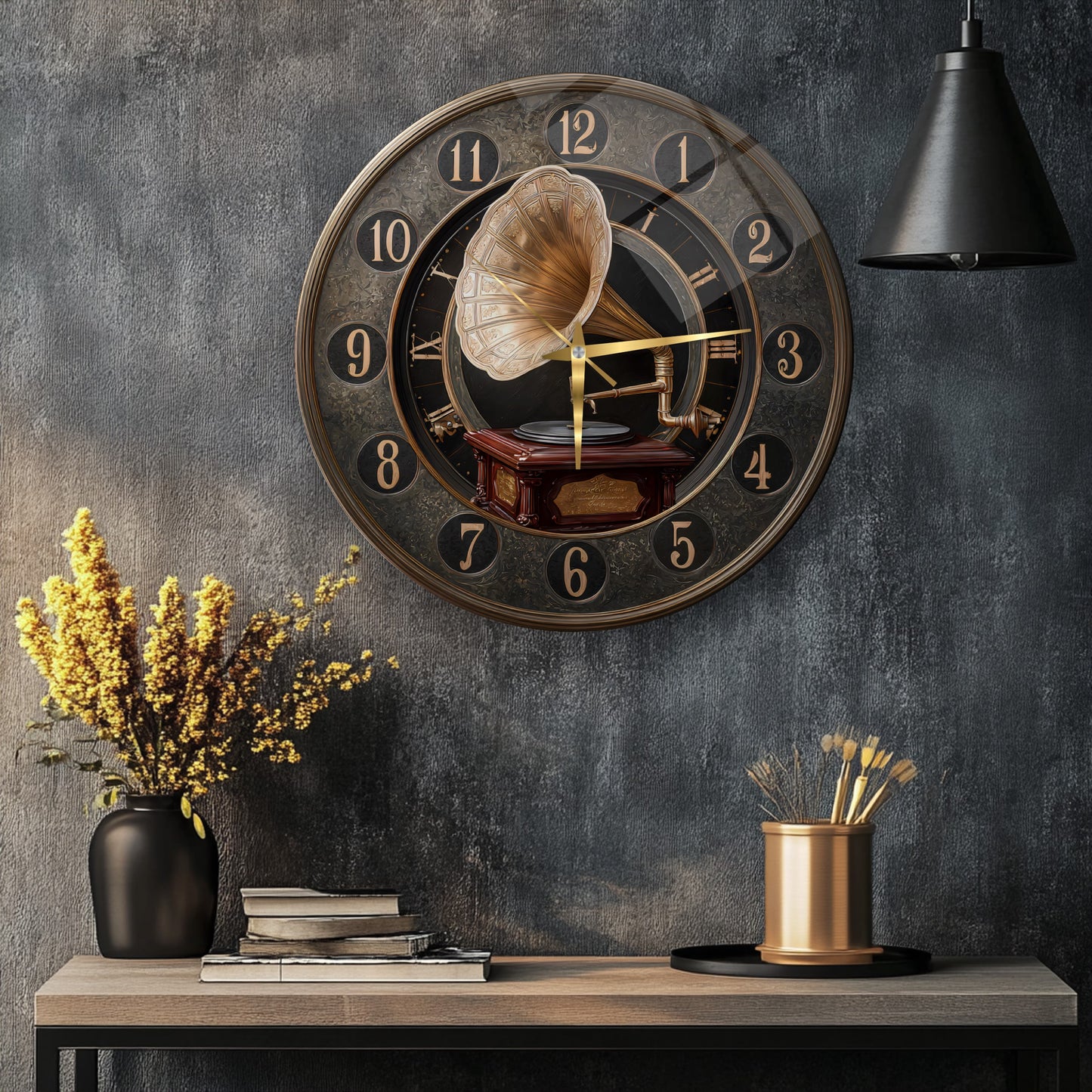 Nostaljik Gramafon Cam Duvar Saati