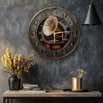 Nostaljik Gramafon Cam Duvar Saati