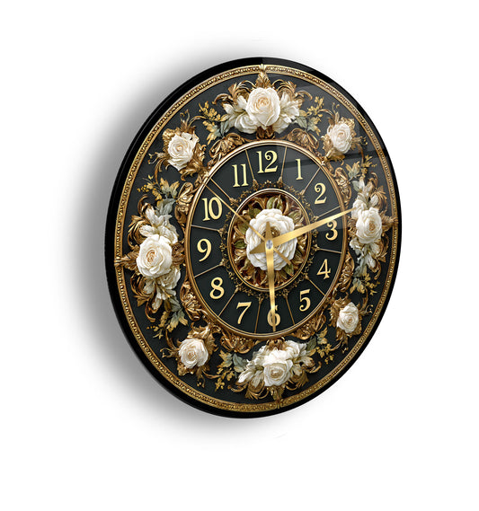 Gold Detay Çiçekli Cam Duvar Saati
