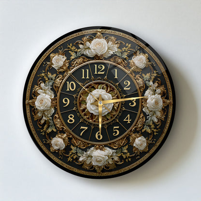 Gold Detay Çiçekli Cam Duvar Saati