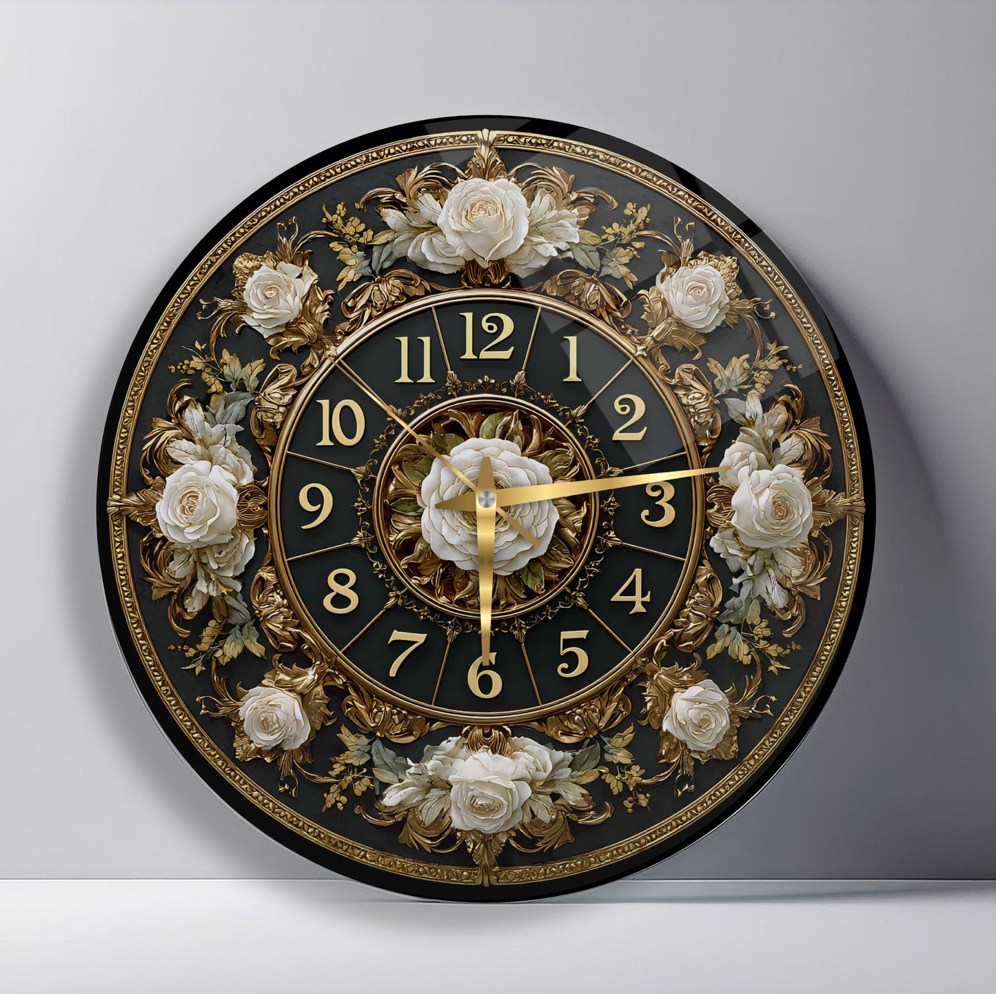 Gold Detay Çiçekli Cam Duvar Saati