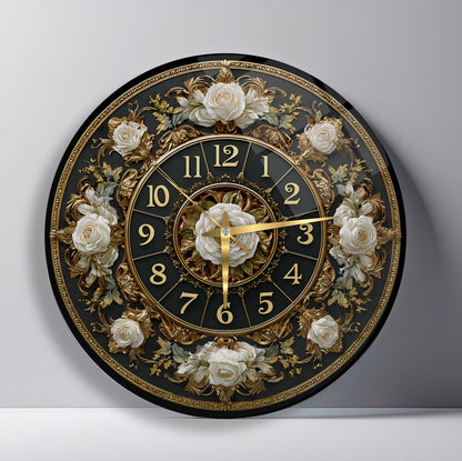Gold Detay Çiçekli Cam Duvar Saati