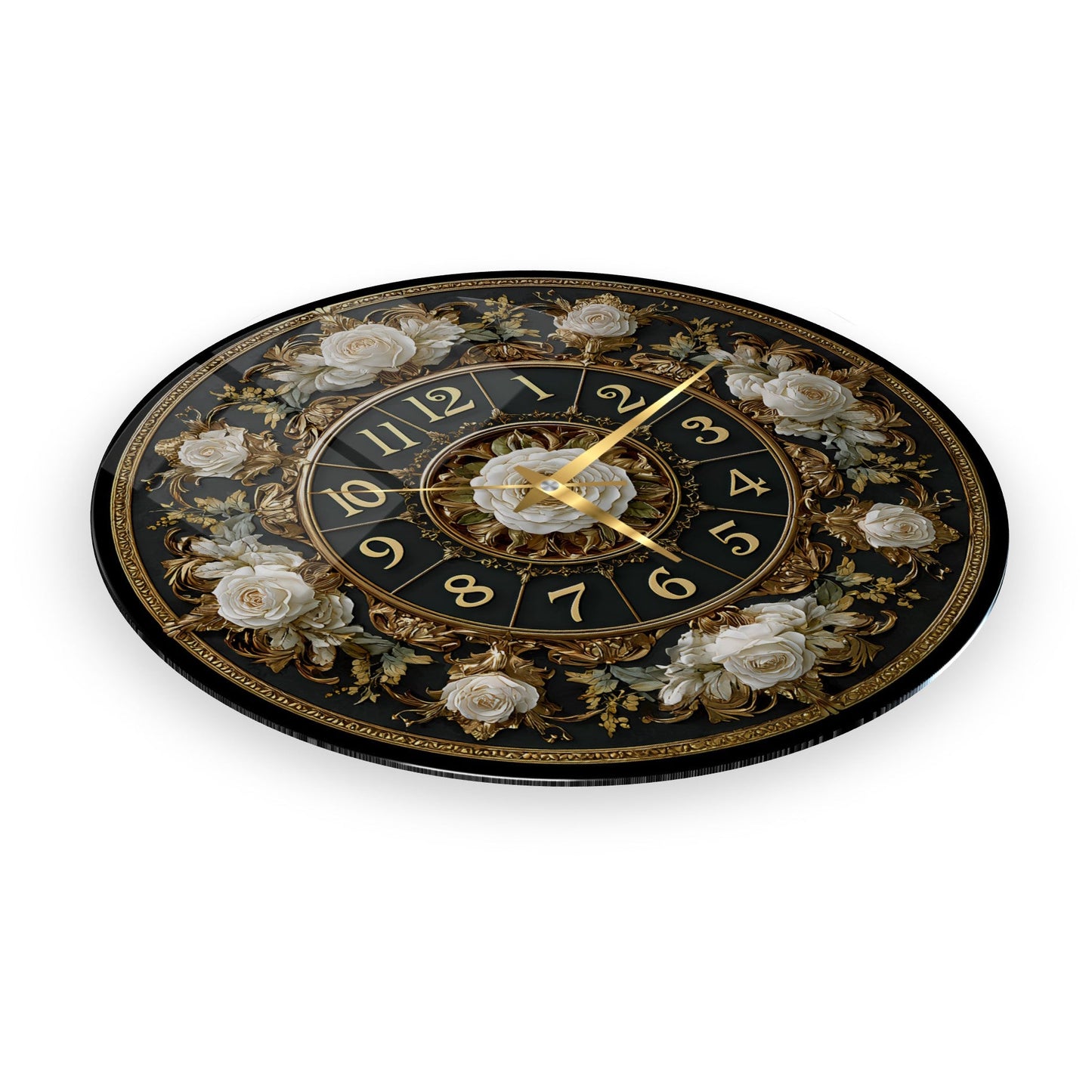 Gold Detay Çiçekli Cam Duvar Saati