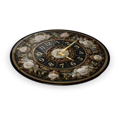 Gold Detay Çiçekli Cam Duvar Saati