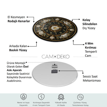 Gold Detay Çiçekli Cam Duvar Saati
