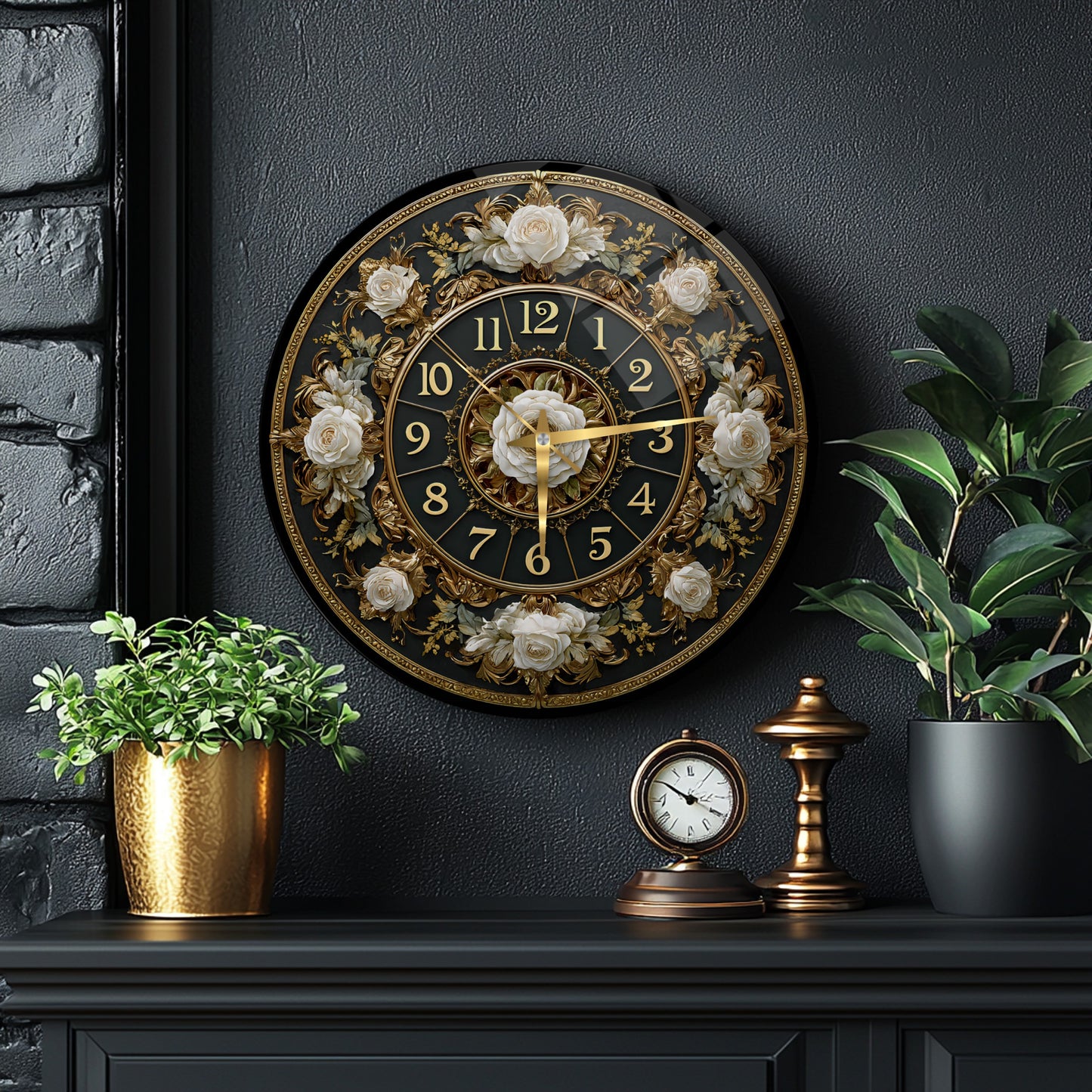 Gold Detay Çiçekli Cam Duvar Saati