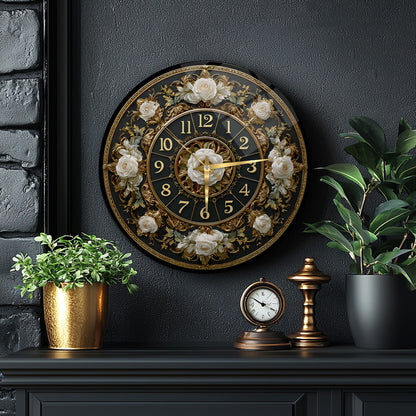 Gold Detay Çiçekli Cam Duvar Saati