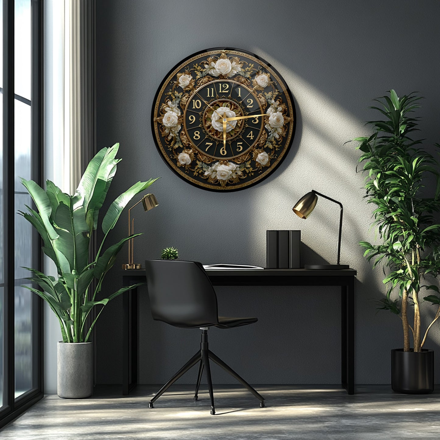 Gold Detay Çiçekli Cam Duvar Saati